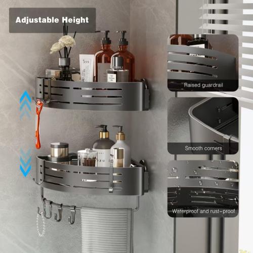 Voldra Corner Shower Caddy Suction Cup, 2 Pack Corner Shower Shelves No Drilling, Aluminum Upgrade Suction Cup Shower Organizer with Towel Bar & Hooks Removable Bathroom Storage Rack(Gray)