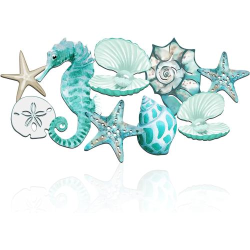 Pinkunn Metal Beach Wall Decor Seashell Beach Themed Bathroom Decor Rustic Nautical Ocean Coastal Starfish Seahorse Themed Wall Art for Living Room Bathroom Bedroom,(Aqua Blue)