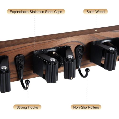 Broom Holder Wall Mount With 5 Slots & 4 Hooks，Rustic Wood Broom & Mop Hanger，