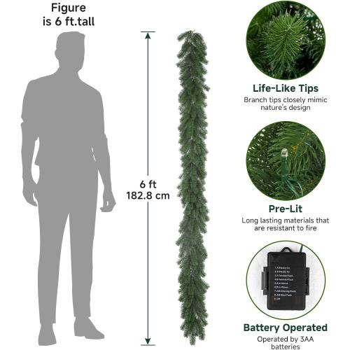 6ft Pre-Lit Christmas Garland, Artificial Lighted Norfolk Pine Garland with Multi-Color Lights, Battery Operated Garland for Mantle Stairs Table Fireplace Xmas Decoration Outdoor & Indoor