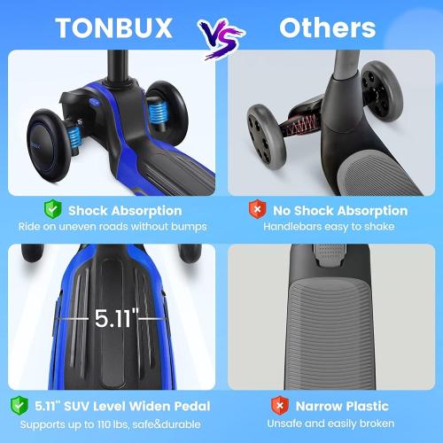 Blue and Black TONBUX Kids Scooter for Age 3-12, Toddler Scooter with 4 Adjustable Heights, Light Up 3-Wheels Scooter, Shock Absorption Design, Lean to Steer, Balance Training Scooter for Kids