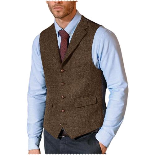 RUNTINGJIA Mens Lapel Suit Vest Tweed Herringbone Business Formal Sleeveless Waistcoat