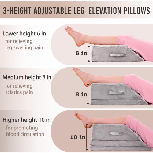 Wedge Pillow for Sleeping, Bed Wedge Pillow for After Surgery 3-Height Memory Foam Leg Elevation Pillow for Swelling Back Pain Relief Sciatica Knee Ankle Pain Bed Support Legs 6-10”