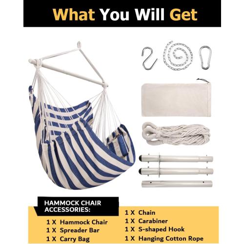 ADVOKAIR Hammock Chair Hanging Chair Rope Swing XXL - Max 500lbs, 70in Large Hammock Swing Chair -Portable Steel Spreader Bar with Anti-Slip Rings-Roomy & Strong