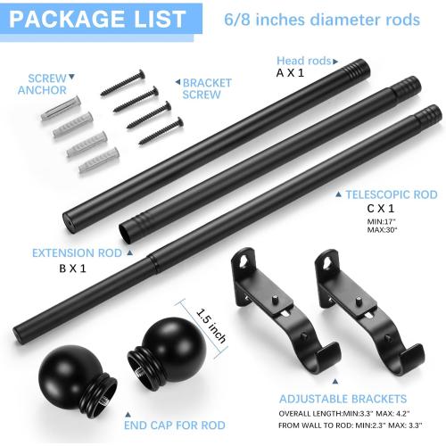 Curtain Rods for Windows 16 to 48 Inches, Curtain Rod Max Adjustable Length of 60 IN, 6/8 Diameter Drapery Rods Round Finials, Black, Pack of 1