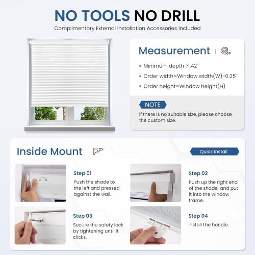 Grandekor No Tools No Drill Cordless Cellular Shades,39 W x 64 H,Blackout Honeycomb Blinds for Indoor Windows,UV Protection Privacy No Drill Blinds for Home,Door,White