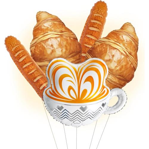 Croissant Coffee Balloons | Brunch Decorations, Paris Party Decorations | Croissant Baguette Latte Cup Foil Balloons for Coffee Bar Decor , French Party Decor, Cafe Party Decorations