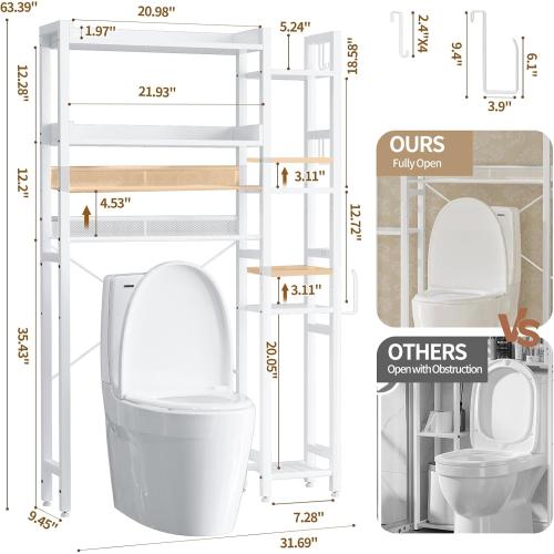 Housolution Over The Toilet Storage with 2 Drawers, 7 Tier Over Toilet Bathroom Organizer with Height Adjustable Shelves and Hooks, Space Saver Above Toilet Rack for Bathroom/Restroom/Laundry, White