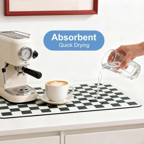 Clinuse Coffee Mats, 24x16 Checkered Dish Drying Mat for Kitchen Counter, Quick Dry Mat, Diatomite Absorbent Aesthetic Large Drying Mats for Coffee Bar - Black White