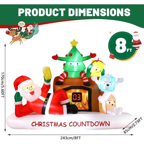 Alupssuc 8 FT Christmas Inflatable Outdoor Decorations with LED Christmas Countdown Clock, Santa,Tree,Fireplace and Gift Boxes, Lighted Blow Up Lawn Yard Clearance for Indoor Xmas Holiday Party Decor