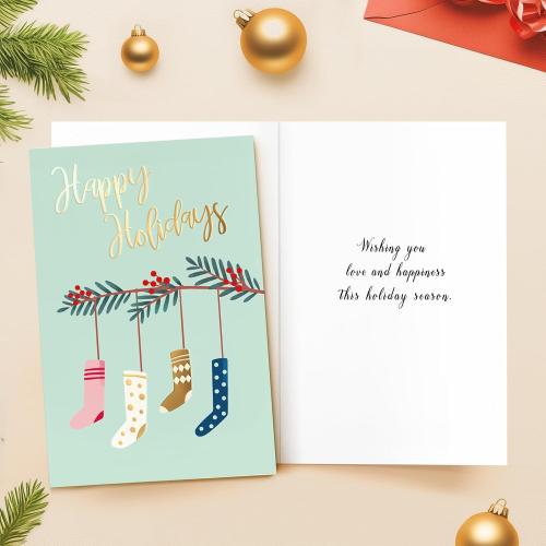 24 Pack Gold Foil Christmas Cards with Envelopes and Inside Messages 6 Assorted Designs Christmas Cards Bulk for Friends, Family, Kids, Boys, Girls.