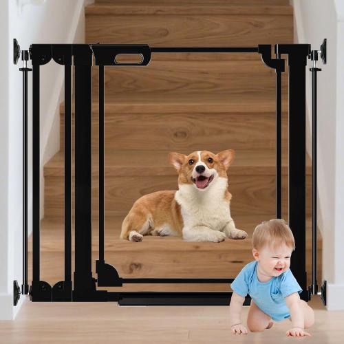 Clear Baby Gate 29.13-37.79 Wide Acrylic Safety Proof Dog Puppy Pet Barrier for Stairs, Transparent Adjustable Pressure Mounted No Drill Auto Close Indoor, Doorways, Hallway,Black