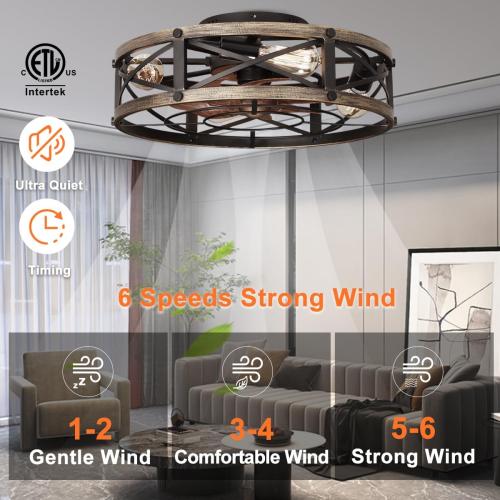 19 Farmhouse Flush Mount Caged Ceiling Fans with Lights, 6 Speeds, Rustic Low Profile Ceiling Fan with Light and Remote, Small Bladeless Ceiling Fans with Lights for Kitchen, Bedroom - ETL