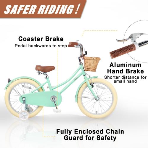 Glerc Little Molly 12-20 Inch Kids Retro Cruiser Bike for 2-13 Year Old with Wicker Basket & Training Wheels/Kickstand, Multiple Colors