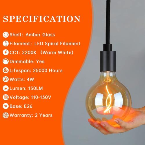 G125 /G40 Amber Glass Large Oversized Dimmable LED Edison Bulb, E26 2200K Warm White Extra Big Round Vintage Light Bulbs, 4 Watt 150LM Decorative 25Watt Globe for Bedroom Living Room Bar and cafe