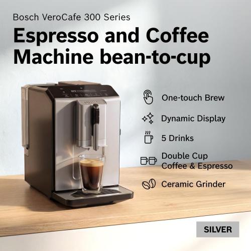 Bosch Fully Automatic Coffee and Espresso Machine - One-Touch Drinks, Barista Style, Double Cup Super Coffee Maker - Large Bean Capacity - Easy Clean, Maintenance - Silver- TIU20307
