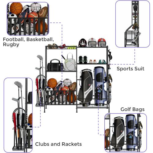 Sports Equipment Organizer, Heavy Duty Golf Bags Stand, Extra Large Ball Storage Rack for Garage, Sports Gear Storage with Basket and Hooks, Black