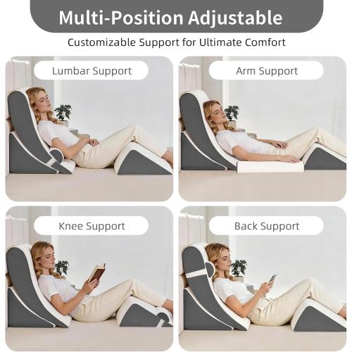 4PCS Orthopedic Bed Wedge Pillow Set for Post Surgery & Pain Relief, Adjustable Wedge Pillow for Back,Acid Reflux,Sitting up in Bed,Recovery,Snoring,Body Pillow for Sleeping (White/Dark Grey)