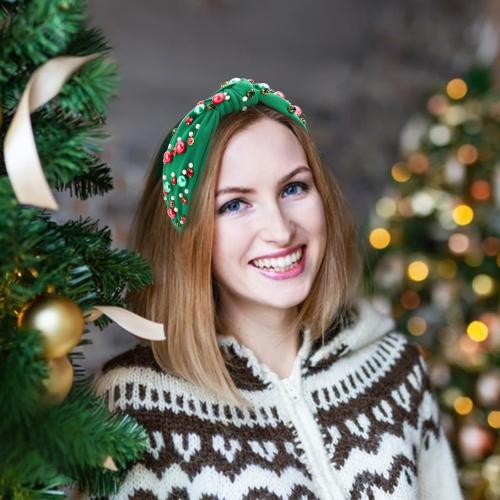Christmas Headband for Women, Rhinestone Pearl Knotted Headband | Sparkly Top Knotted Head Band Holiday Headbands Fashion Hair Christmas Accessories Cute Green Hair Bands for Women Girls
