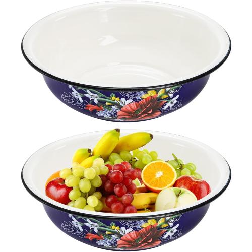 Lawei Set of 2 Enamel Bowl, 4 Quart Large Enamel Salad Serving Mixing Bowl with Black Rim, Vintage Enamelware Plate Dish for Fruit Salad Pasta Soup Dinner, Round Dough Making Bowl Washing Basin, 12in