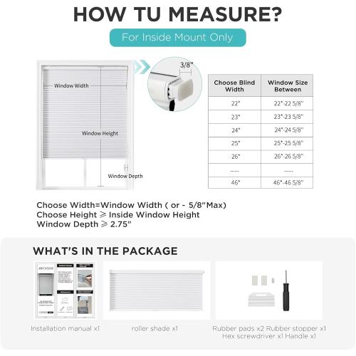 Joydeco No Tools No Drill Window Blinds for Indoor Windows, Blackout Shades Cellular Shades Cordless, No Drill Blinds for Windows, Window Shades for Home, Bedrooms, Doors (White, 33 W x 64 H)