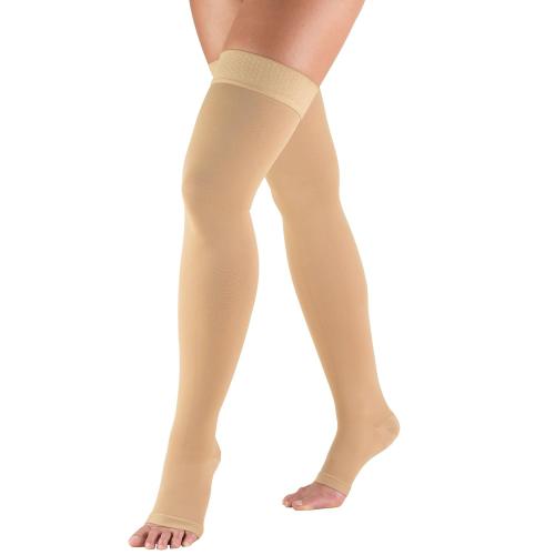 Truform 20-30 mmHg Compression Stockings for Men and Women, Thigh High Length, Dot-Top, Open Toe, Beige, Medium