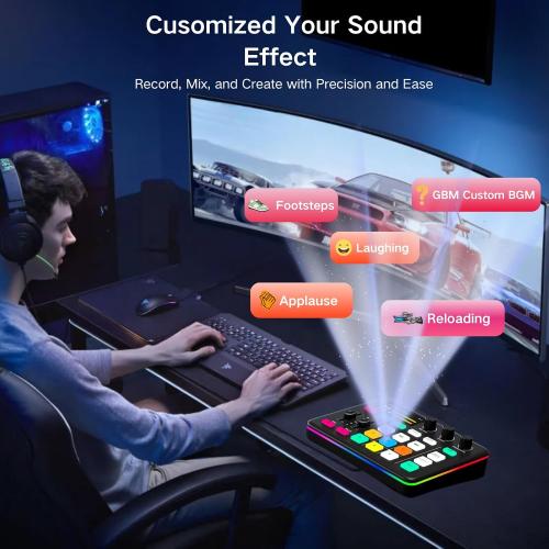 HOSONGIN Gaming Audio Mixer, Audio Interface with Pro-preamp, Voice Changer & DJ Mixer Effects, 48V Phantom Power, Bluetooth & RGB Live Sound Card for Streaming, Podcasting, Gaming