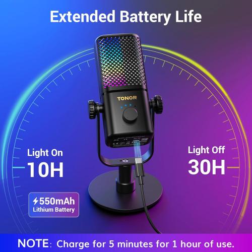 TONOR Gaming Microphone Compatible with Xbox, RGB Condenser Streaming Mic with 30H Battery Life, Low Noise, Monitoring, Gain Control, One Tap Mute, Fast Charging, Compatible with Capture Card TCX3