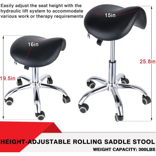 Saddle Stool - Saddle Chair, Adjustable Rolling Saddle Stool with 360° Swivel Wheels, Ergonomic Stool for Hair Stylist Dentist Salon Spa Massage Tattoo Home Office, 300 lbs Weight Capacity (Black)
