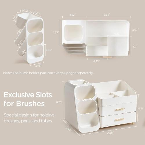 HBlife Makeup Organizer with Brush Holder for Vanity, Large Plastic Bathroom Countertop Organizer Skin Care Storage, Easy to Store Lipsticks, Nail Polishes, Perfumes, Eyeshadow Palettes, All White