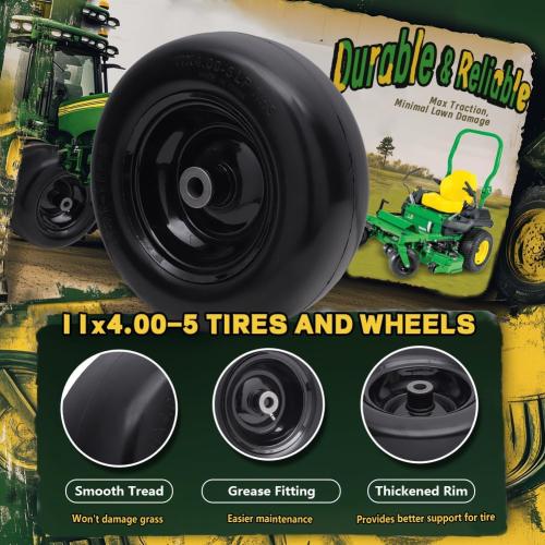 Black 11x4.00-5 Flat Free Tire and Wheel (2 Pack),Universal 11x4-5 Solid Smooth Tractor Turf Tire with Rim, 3.4 Centered Hub and 3/4 & 5/8 Bushing, For Zero Turn Mowers and Riding Lawn Mower