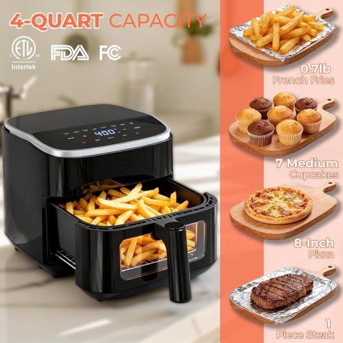 NEWBULIG Air Fryer，4QT Small AirFryer with Easy View Window and Interior Light, Digital Touchscreen with 8 Presets for Custom Cooking, Nonstick and Dishwasher Safe Basket, Black