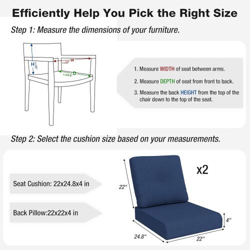 Joyside Outdoor Chair Cushions Set, 22x25/22x24 Inch Patio Furniture Deep Seat Cushions, Water Resistant & Thick Cushion, Outdoor Replacement Cushions for Seat and Sofa (Blue, 2 Set)