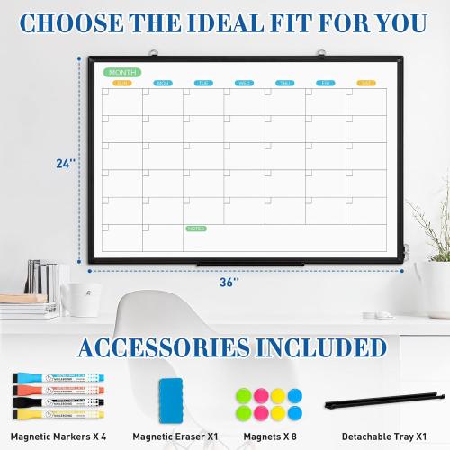 WALGLASS Dry Erase Calendar Whiteboard for Wall, 36 x 24 Double-Sided Monthly Calendar White Board with Black Aluminum Frame, Hanging or Wall Mount Whiteboard for Home, Office, School