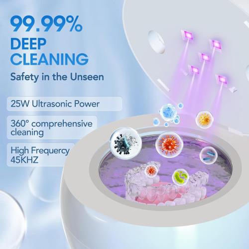 Ultrasonic Retainer Cleaner Machine, Cleaning Pod for Jewelry Cleaner, Dentures, Mouth Guards, Rings, Earrings, Glasses- 200ML 45kHz One-Touch 5-Minute Deep Clean (White)