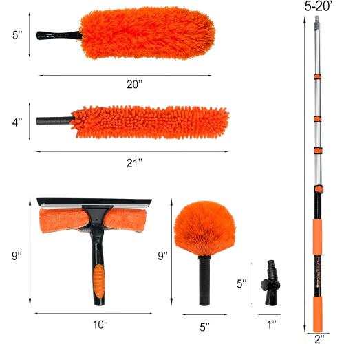 Buyplus 26FT Reach Dusting Kit, Long Duster with 5-20FT Extension Pole for High Ceilings, Cobweb Duster, Microfiber Duster, Window Squeegee, Extendable Duster Cleaning Kit