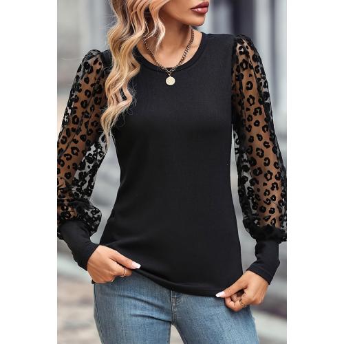 Womens XL Blouse Shirt Long Sleeve Crewneck Basic Casual Shirt Swiss Dot Mesh Sleeve Classic Slim Fit Shirt Tops