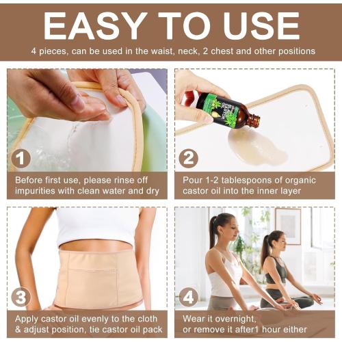 9 Pcs Castor Oil Pack Wrap Organic Cotton for Liver Detox, Stomach, Belly, Neck, Breast, Knee, Foot & Entire Body, Reusable Pads Kit for Hot/Cold Compress with Adjustable Elastic Strap