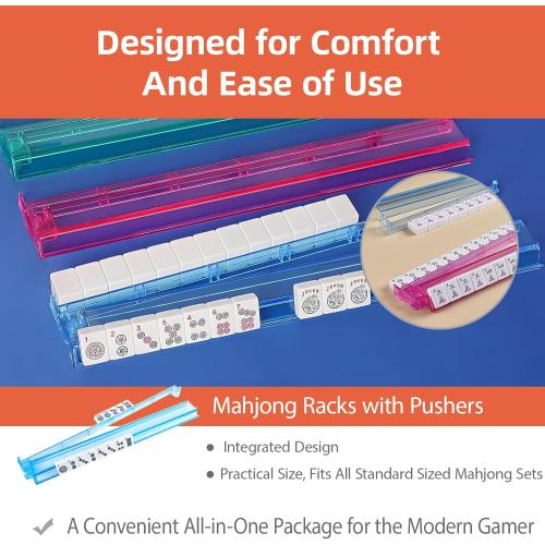 Mahjong All-in-One Tile Rack & Pusher, Clear Acrylic Mahjong Rack and Pusher Combo, Modern American Majiang Tile Racks Set of 4 (Multi-Color)