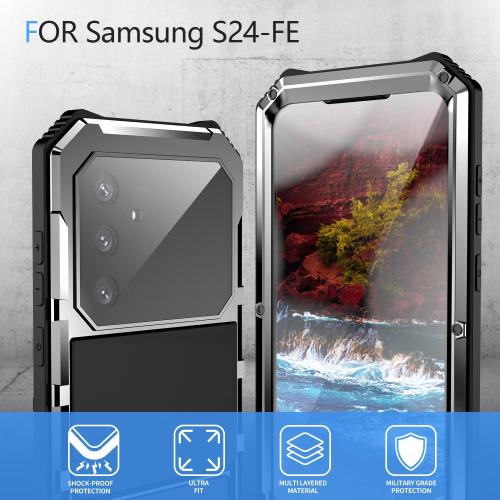 Size Galaxy S24 FE Compatible with Samsung Galaxy S24 FE Case Metal Heavy Duty Phone Case para Built-in Screen Protection Full Body Protective Dust Proof Military Grade Rugged 2024 Silver