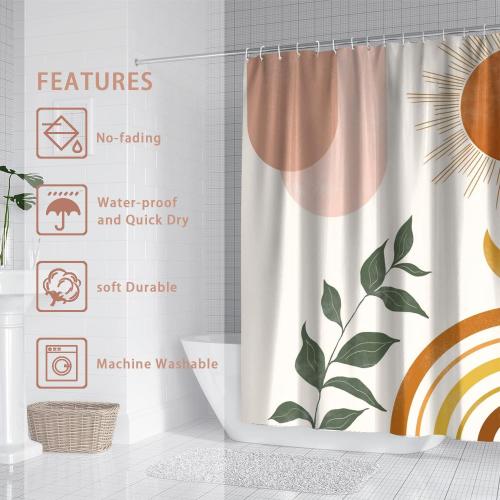 Size 72x72 Mid Century Abstract Boho Orange Aesthetic Shower Curtain Set, Spring Summer Pink Green Nature Leaf Sun Modern Minimalist Home Bathroom Curtain Decor with 12 Hooks 72x72 Inches