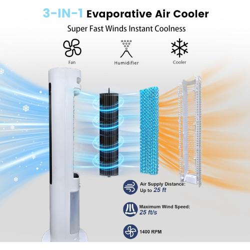 Size 41 Color White Windowless Portable Air Conditioner, 41” Evaporative Air Cooler with Remote, Swamp Cooler 3 Models,12H Timer, 70°Oscillation Tower Air Conditioner 3L Water Tank & 2 Ice Packs for Room Bedroom Office