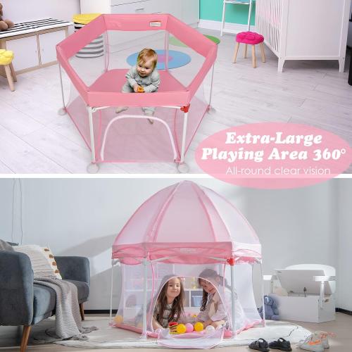 INFANS Baby Playpen with Removable Mesh & UV Canopy, 53 Portable Playhouse with Carry Bag, Dome, Padded Floor, Easy Folding Playard Activity Center (Light Pink)