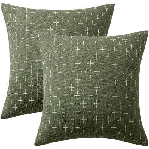 MIULEE Pack of 2 Decorative Vintage Burlap Linen Throw Pillow Covers Modern Farmhouse Pillowcase Rustic Woven Textured Cushion Cover for Sofa Couch Bed 18x18 Inch Olive Green
