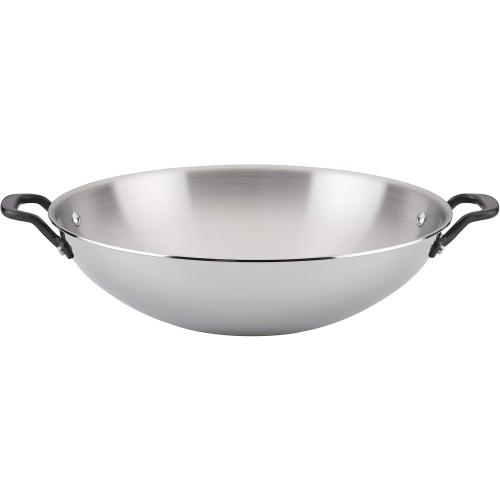 KitchenAid 5-Ply Clad Polished Stainless Steel Wok, Induction Compatible, Dishwasher Safe, 15 Inch Open Stir-Fry Pan