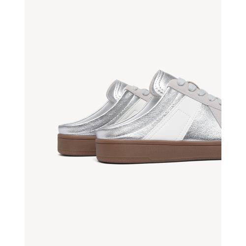 NEWBELLA Women's Lace-Up Mule Sneakers Fashionable Backless Sneakers for Women Sliver (Size.8.5)
