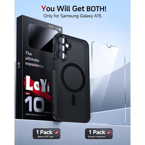 LeYi for Samsung Galaxy A15-5G Phone Case: Samsung A15 5G Case [Mag-Safe Fit] with Screen Protector, Frosted Translucent Soft-Touch Skin & Military-Grade Protection for A15 Samsung Phone Case, Black