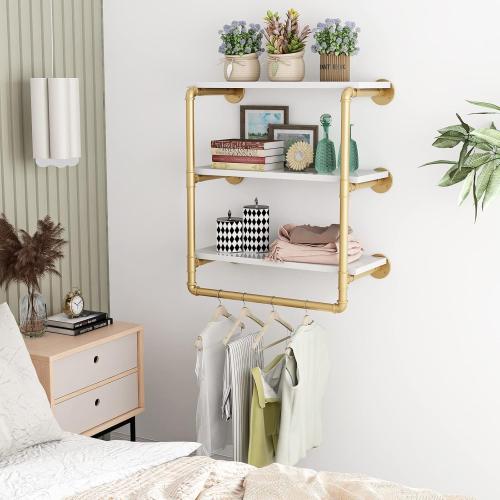 HOMEKAYT 24 Industrial Pipe Shelving, Floating Wall Shelves 3 Tier Gold Shelves with Haning Rod Multiple Use for Kitchen, Bedroom,Living Room,Bathroom