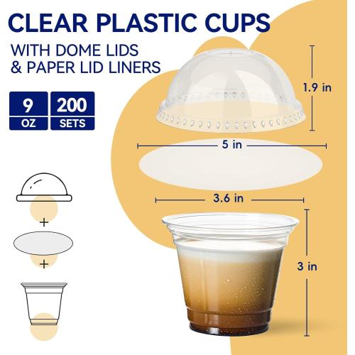 JOLLY CHEF 200 Sets 9 oz Clear Plastic Cups with Dome Lids, and Paper Lid Liners, Plastic Dessert Cups with lids for Parfait, Ice Cream, Snacks, Fruit, Pudding