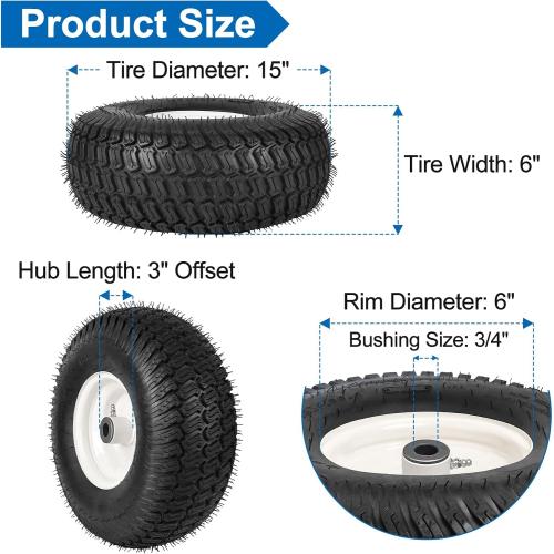 15x6.00-6nhs Lawn Mower Front Tire 4 Ply Tubeless 15x6x6 Lawn Mower 570 Lbs Tire and Wheel with 3/4 Bushing and 12 Spacers, Replacement for Garden Lawn Tractor Riding Lawn Mower, 2 Pack